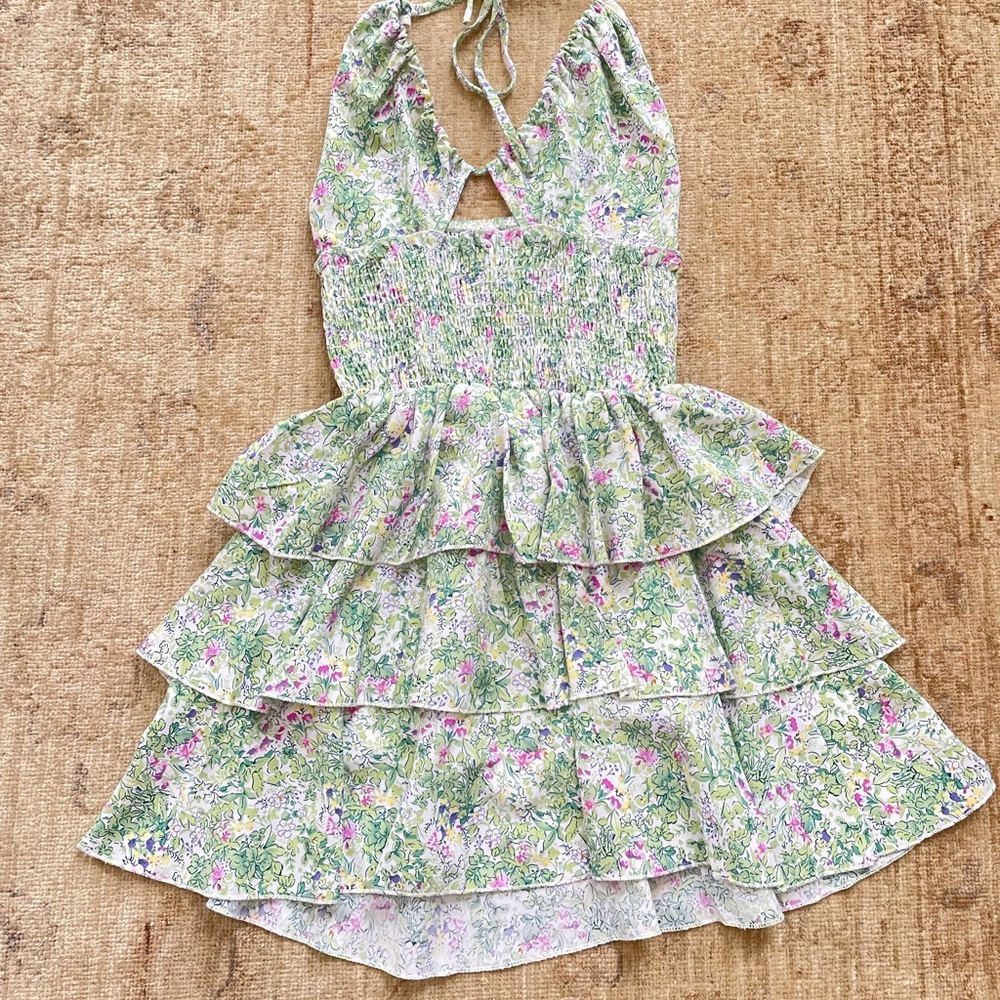 Floral Halter Dress with Sear sucker Bodice and Ruffle Skirt